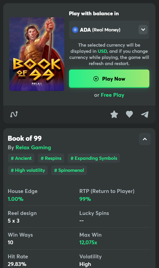 Book of 99 slot for Solana with 99% RTP